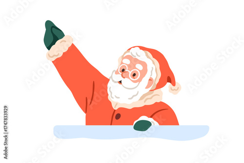 Santa Claus pointing up. Cute happy festive Christmas character showing with hand, peeking from behind wall, smiling and gesturing upward. Flat vector illustration isolated on white background