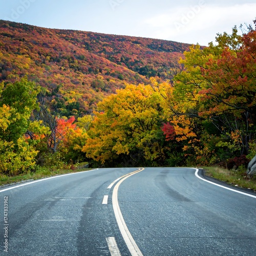 Winding road through autumn forest with vibrant foliage on a hill