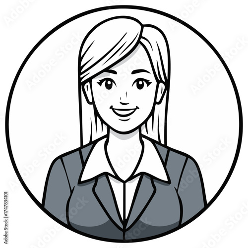 Smiling young professional woman in suit and white shirt inside circle graphic