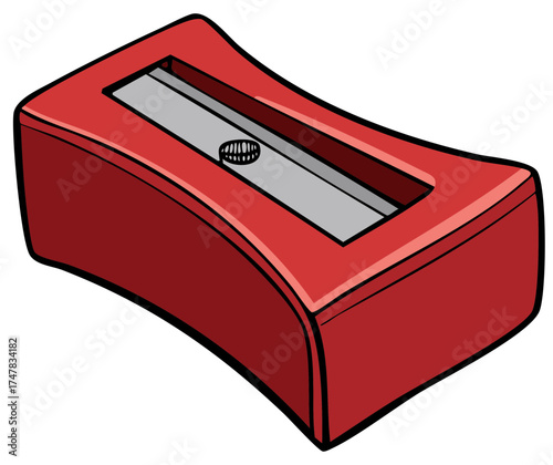 Bright red pencil sharpener with silver blade detail shown from an angled perspective