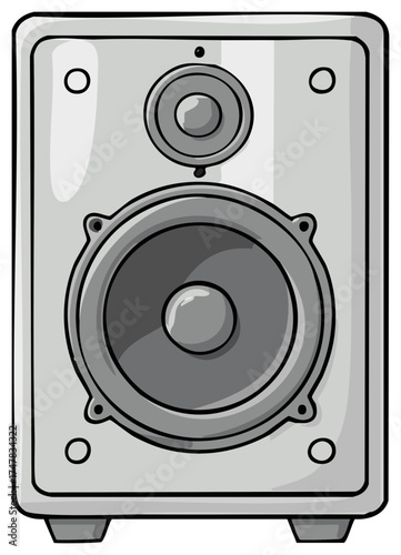 Illustrated gray studio monitor speaker with woofer and tweeter for audio production