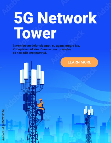 5G network tower engineer maintenance city skyline worker climbing telecommunication antenna blue background urban landscape banner
