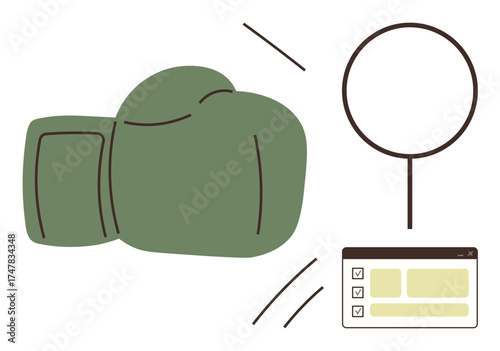 Green boxing glove with motion lines, magnifying glass, and checklist underline investigation, strategy, competition. Ideal for sports, teamwork, strategy, scrutiny analysis challenges