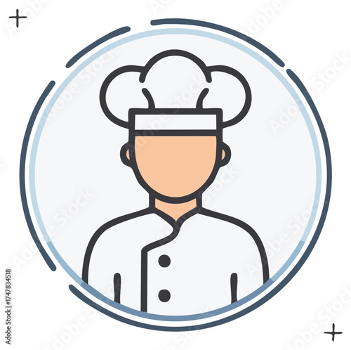 Professional cook avatar icon with chef hat and uniform in circular frame, culinary expertise representation