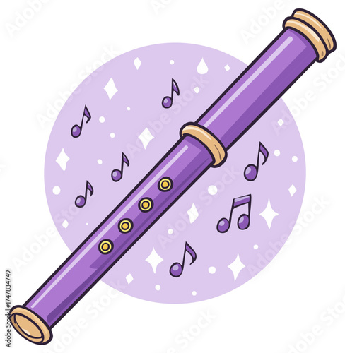 Purple Flute with Music Notes on Purple Background Cartoon Illustration