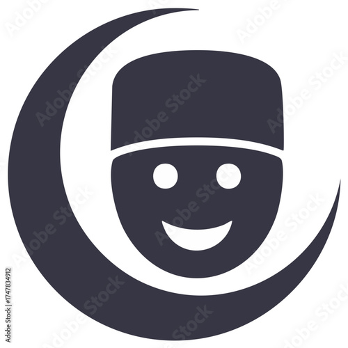 Crescent Moon Surrounding Smiling Face with Traditional Cap Icon Illustration