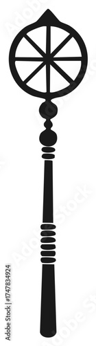 Ornate religious staff silhouette with the eight spoked Wheel of Dharma a sacred Buddhist icon