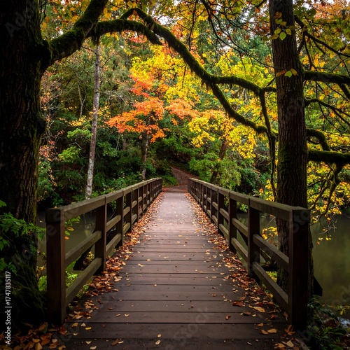 Wooden bridge through vibrant autumnal forest foliage