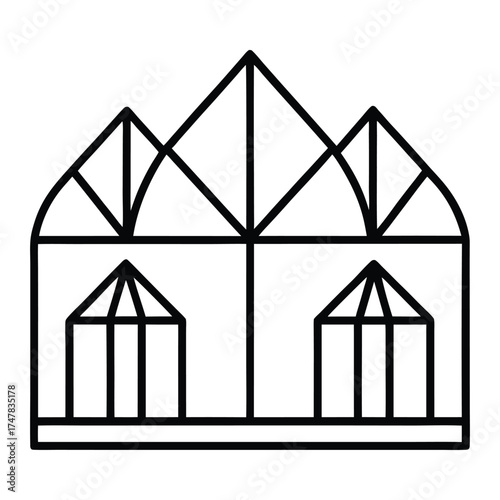A minimalist line art illustration of a stylized building with geometric rooflines and arched windows, resembling a modern architectural structure or a greenhouse.