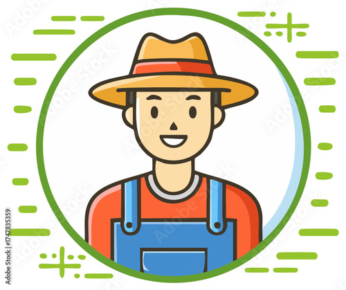 Happy Farm Worker Wearing Overalls and Sun Hat in a Circular Design Border