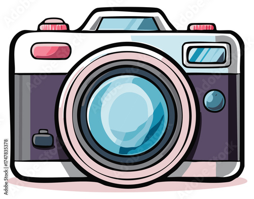 Cartoon Illustration of a Camera with Lens and Pink Elements