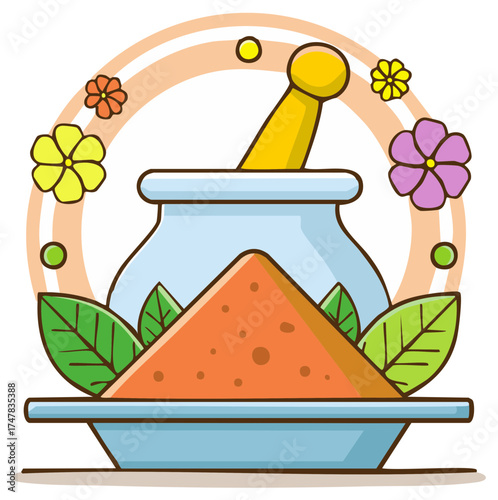 Ayurvedic medicinal preparation with mortar, pestle, natural powder, and botanical elements illustration