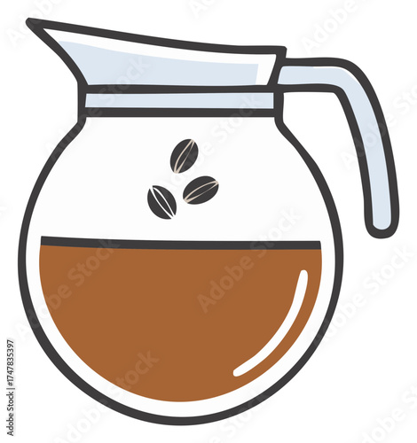 Cartoon Glass Coffee Pot with Handle, Brown Coffee Brew and Floating Coffee Beans