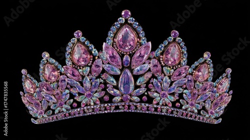 Luxurious purple gemstone tiara adorned with intricate sparkling crystals on black