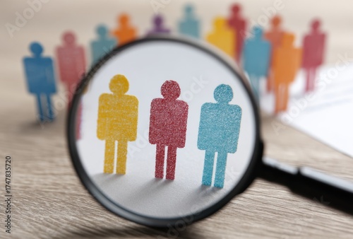 Magnifying glass focusing on colorful paper cutout figures representing diversity and inclusion concepts