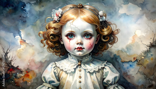 Watercolor painting of a haunted gothic doll with cracked porcelain face