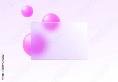 Delicate pastel design with frosted glass rectangle and luminous pink spheres on a gradient background, ideal for beauty, fashion