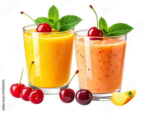 Two vibrant smoothies, one golden yellow and one bright red, chilled in glass cups, d