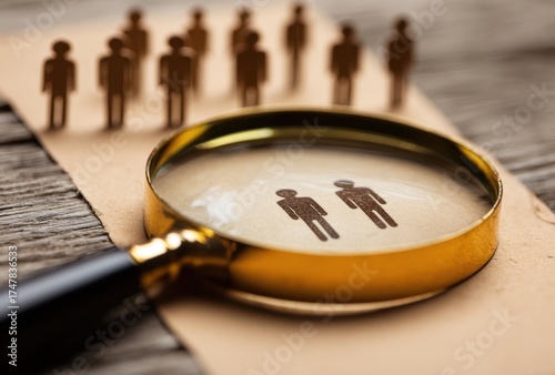 Magnifying glass focusing on two paper cutout figures with blurred group in on wood