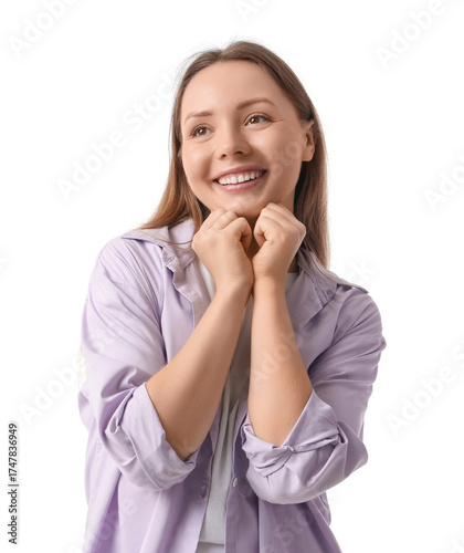 Dreamy young woman on white...