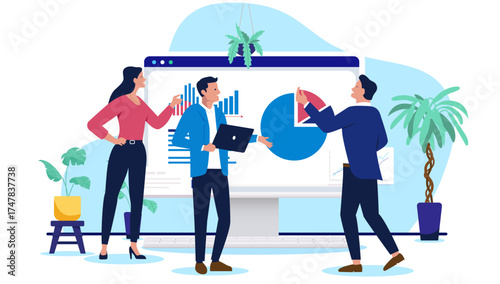 Business team analysing financial data and charts displayed on a large monitor during a meeting, symbolising strategic planning and company analysis in a flat design vector illustration