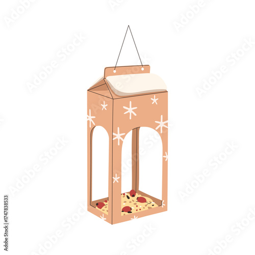 Bird feeder. DIY handmade carton feeding box with food, grains, seeds. Paper cardboard birdfeeder with cereals for outdoor winter care. Flat vector illustration isolated on white background