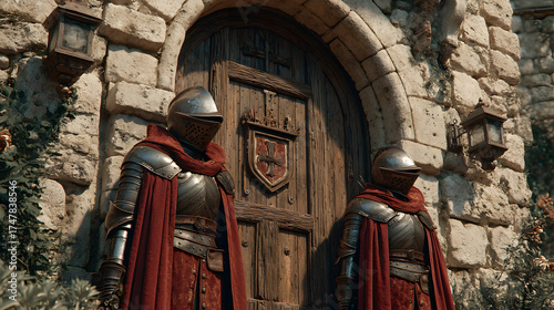 medieval knights in red armor guarding a wooden door