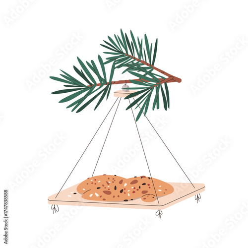 Bird feeder, wooden tray. Wood birdfeeder, feeding platform hanging on strings on winter tree branch, filled with seeds, grains and kernels food. Flat vector illustration isolated on white background