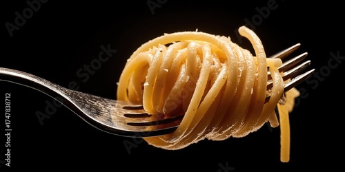 A minimalistic studio photograph of a fork holding with spaghetti