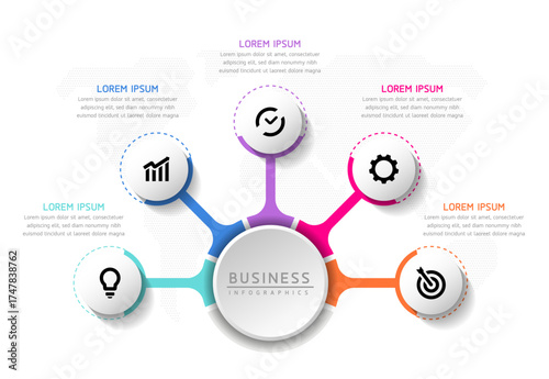 Vector infographic business presentation template with circular interconnection with 5 options.
