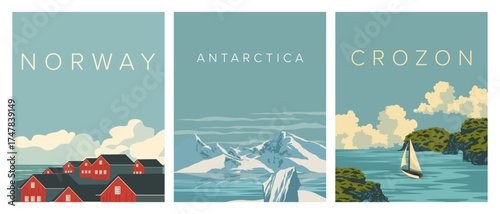 Travel poster set, Norway, Antarctica, Crozon, postcards, banners
