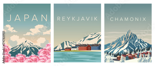 Set of travel posters, Reykjavik, Japan, Chamonix, travel banners, postcards