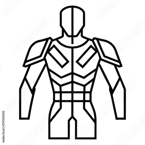Outline drawing of futuristic body armor or superhero suit for a human torso, with geometric and angular design.