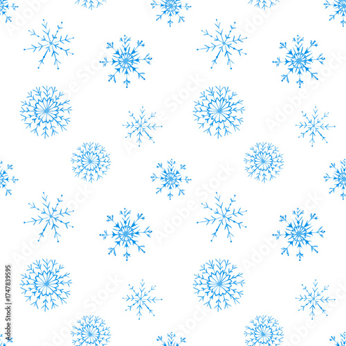 Seamless Christmas pattern with blue snowflakes. Cute new year background. Vector illustration for design wrapping paper, wallpaper, textile
