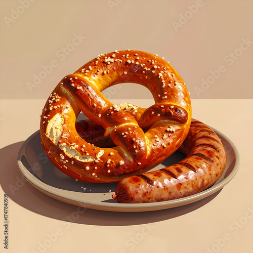 Hearty Pretzel and Sausage Meal on a Plate.