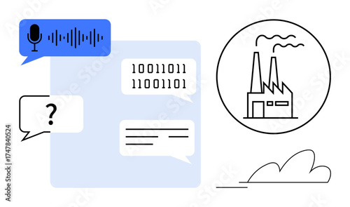 Speech recognition, coding binary dialogue, text messages, and a factory building reflect innovation. Ideal for technology, automation, AI, industry communication data progress. A simple flat