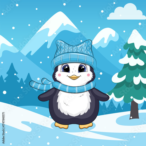 Cute cartoon Prnguin with blue scarf and hat in winter. Vector Illustration of Animal in nature on a blue background with snow.