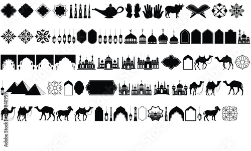 Large Islamic and Arabic Vector Icon Set Collection of Cultural Symbols and Architecture Silhouettes