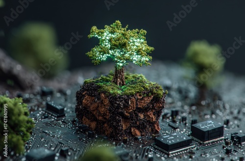 Miniature illuminated tree growing on a floating island above a circuit board