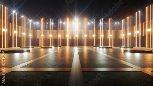 Modern event space with illuminated columns and dark flooring  