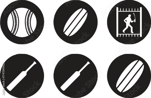 Baseball Cricket Surfboard Icons in Black Circles sport game