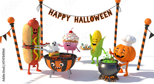 A festive Halloween scene featuring animated food characters enjoying a barbecue and cauldron.