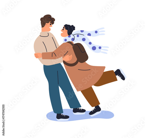 Love couple skating on ice rink. Happy young man and woman hugging, embracing during romantic winter holiday date, sports leisure activity. Flat vector illustration isolated on white background