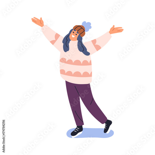 Happy smiling girl skating on ice rink. Excited young skater with arms stretched, enjoying winter sports activity. Carefree joyful female. Flat vector illustration isolated on white background