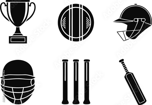 Cricket Sports Equipment Icons Trophy Helmet Bat Wicket Stumps winner