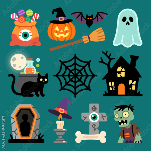Vibrant Halloween icons conjuring spooky fun with pumpkins, ghosts, bats, and haunted houses perfect for festive designs and creative projects
