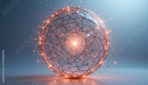 Abstract sphere with glowing connections and light source in the center