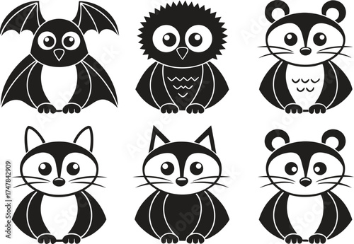 Six Cute Cartoon Black And White Animal Icons For Halloween Or Kids raccoon