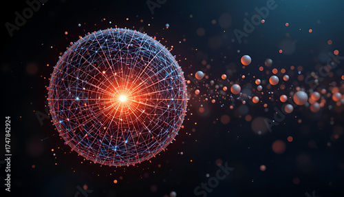 Glowing sphere with intricate network of connections and particles around it