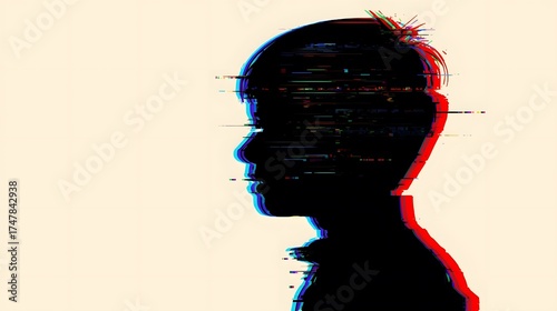 Artistic portrait with glitch effect, shadow of a boy.